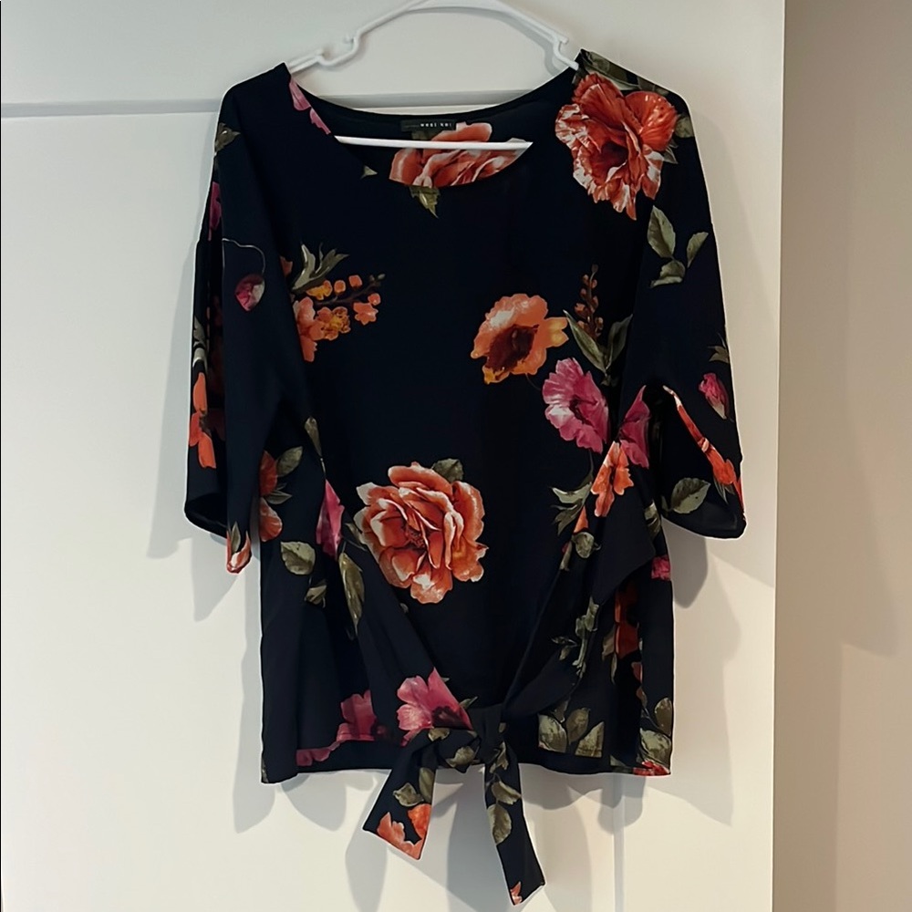 West Kei Dark Blouse w/ Pink and Orange Florals, 3/4 Sleeve Tie Front Blouse